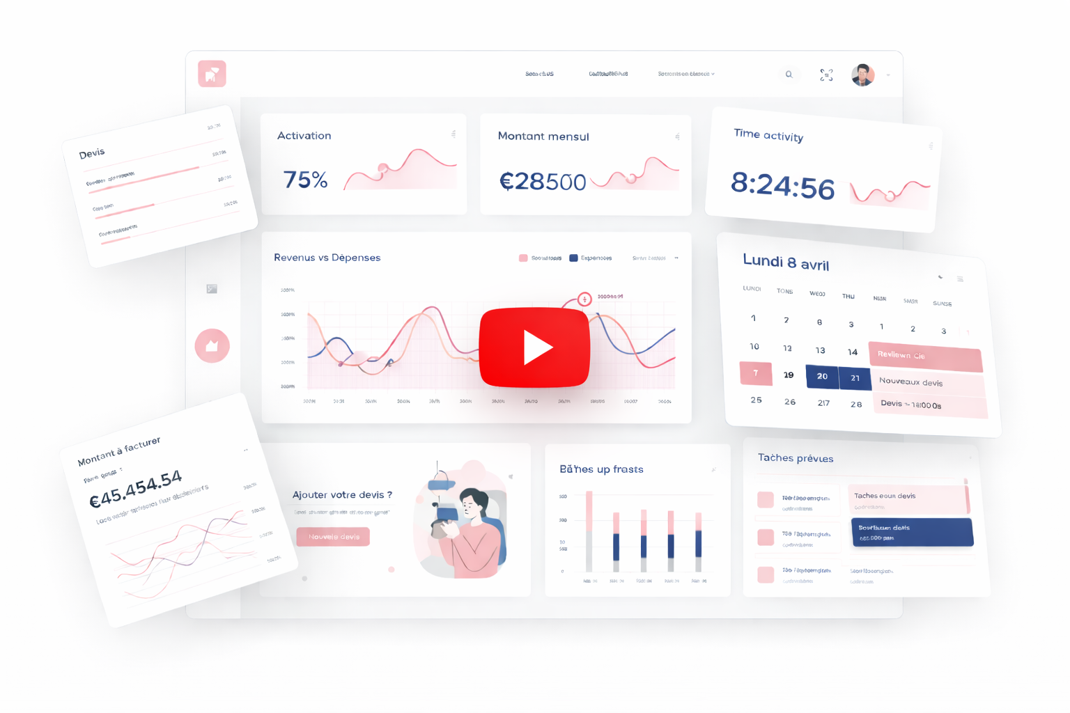 Aperçu d'un CRM modulable avec tableau de bord, gestion des devis, planning et suivi d'activité